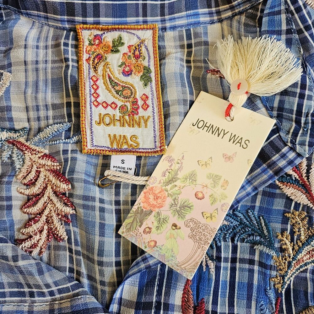 NWT Johnny Was Plaid Womens Shirt S Button Down Floral Embroidered 100% Silk - Picture 2 of 6